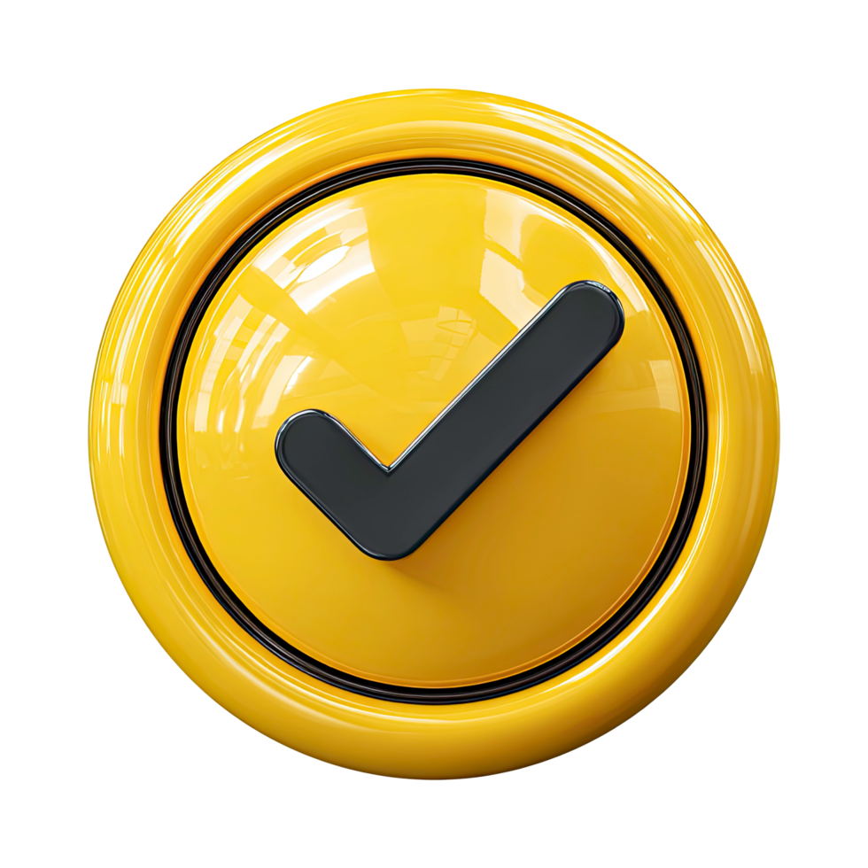 Glossy yellow button with black check mark on transparent background glossy png