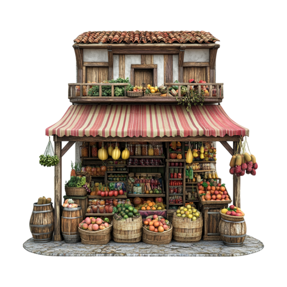 a small fruit and vegetable stand with a red awning png