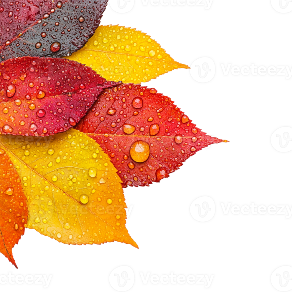 autumn leaves with water droplets on them, transparent background png