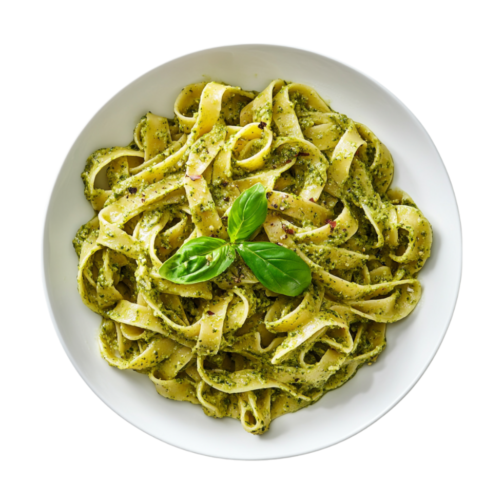 pasta with pesto sauce on white plate png
