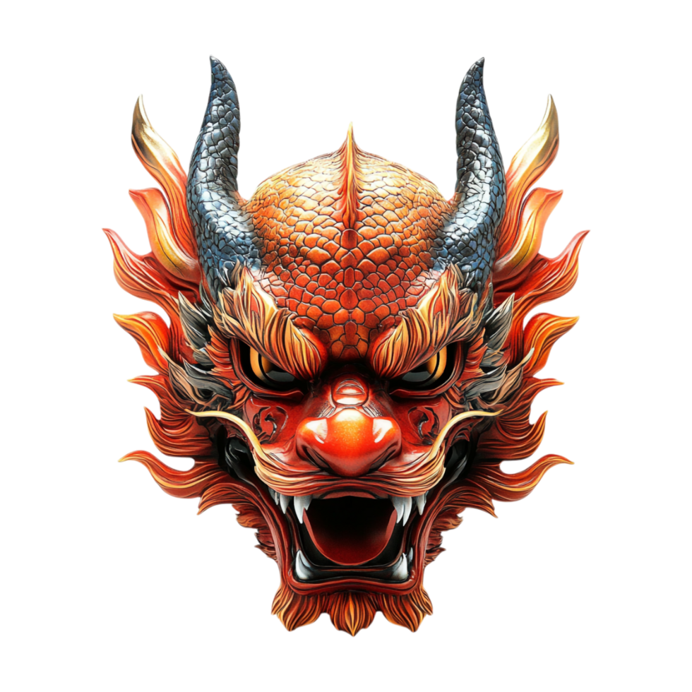 dragon head with horns and fire on transparent background png