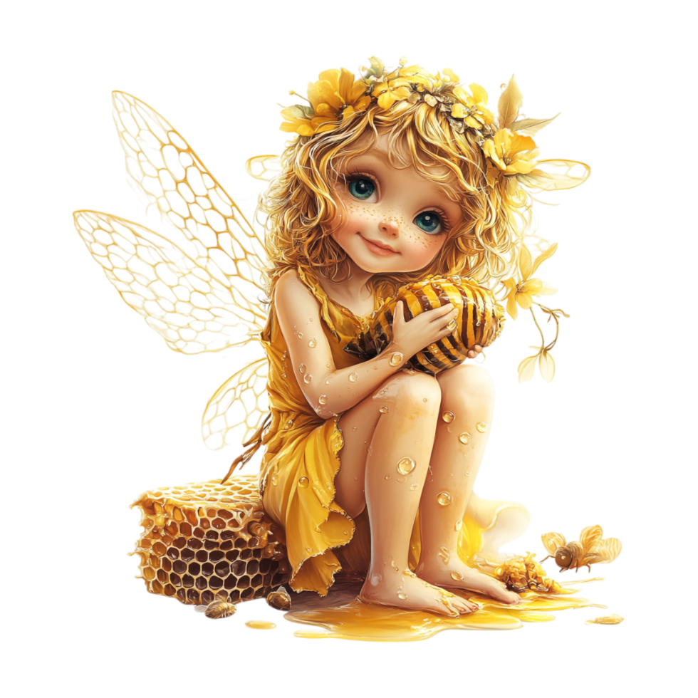 a cute little fairy with honey on her head and a bee png