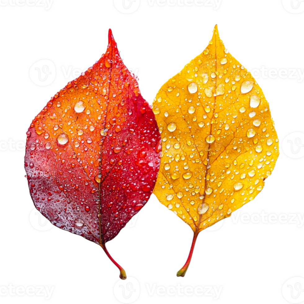 two leaves with water droplets on them, one red and one yellow png