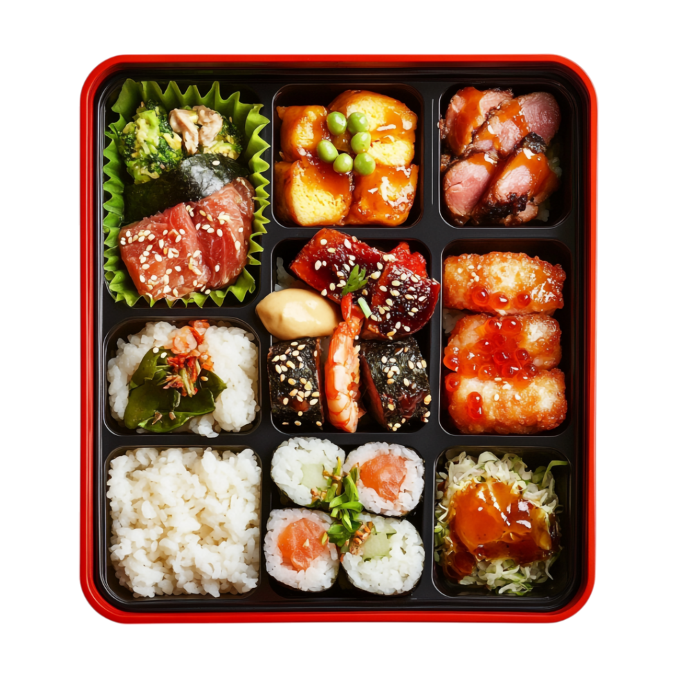 japanese bento box lunch box with sushi, rice, and vegetables png