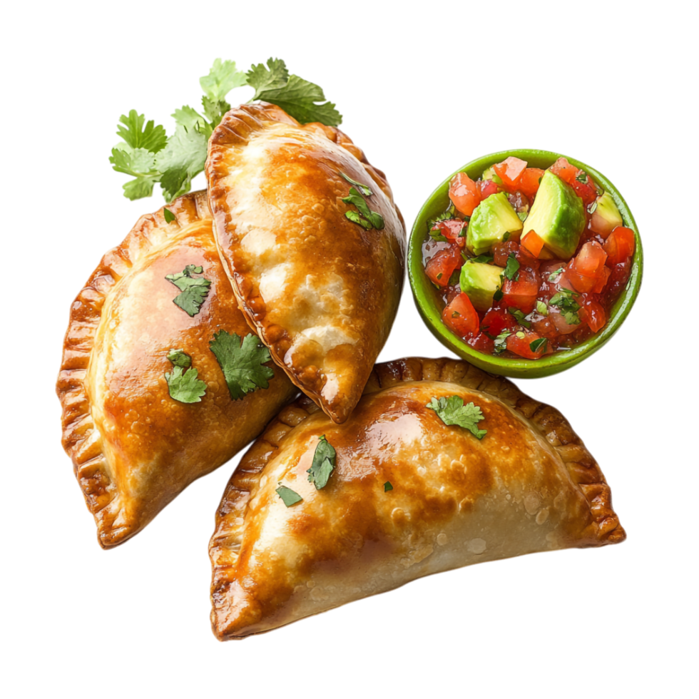 three empanadas with salsa and a bowl of salsa png