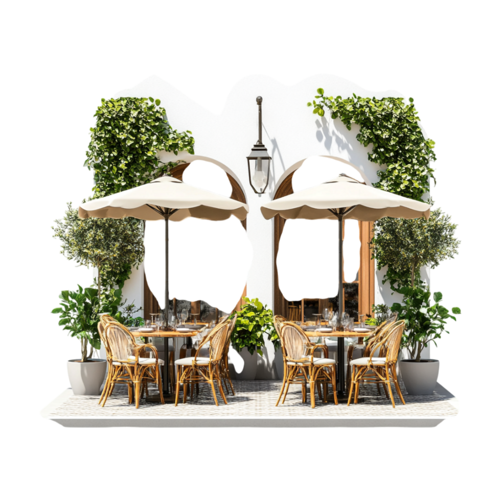 an outdoor restaurant with tables and chairs png
