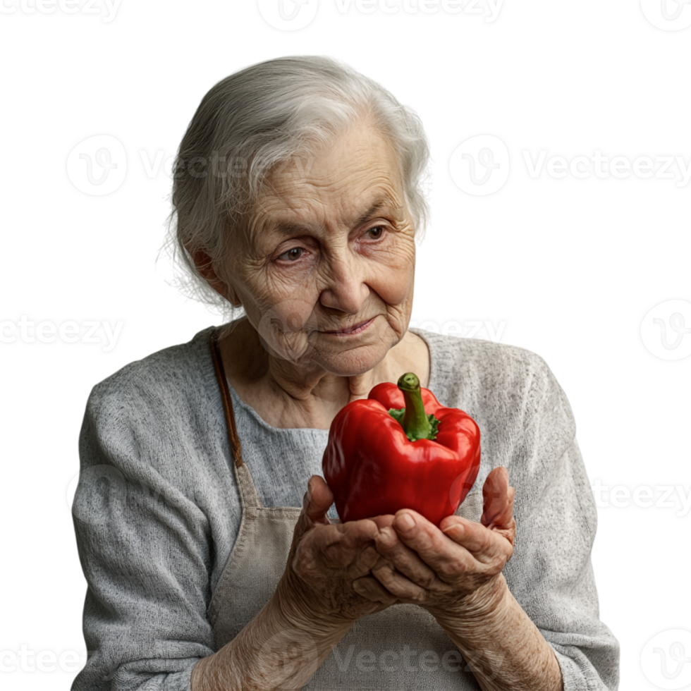 a an elderly woman holding a red pepper png