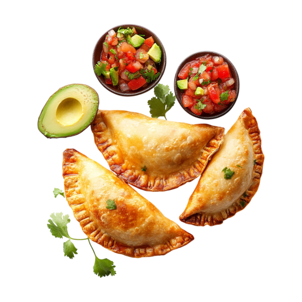 mexican empanadas with salsa and avocado on a transparent background png