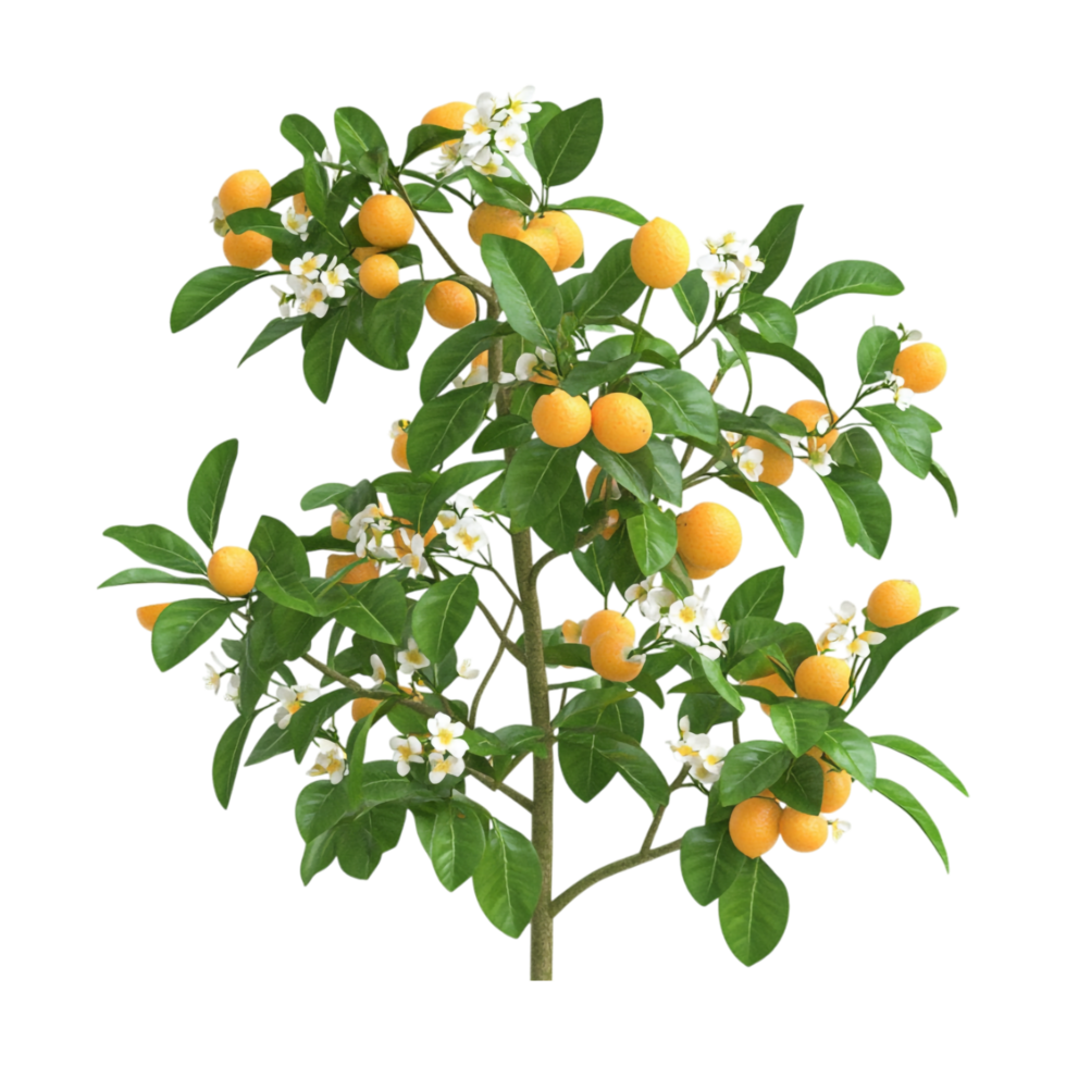 orange tree with flowers and fruit on a branch png
