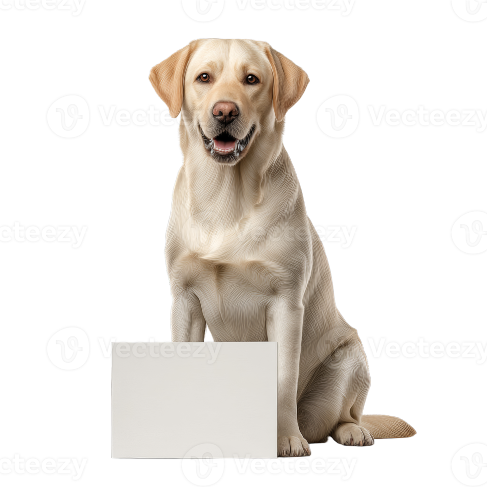 Photorealistic yellow labrador retriever sitting with a blank sign for custom text or design purposes png
