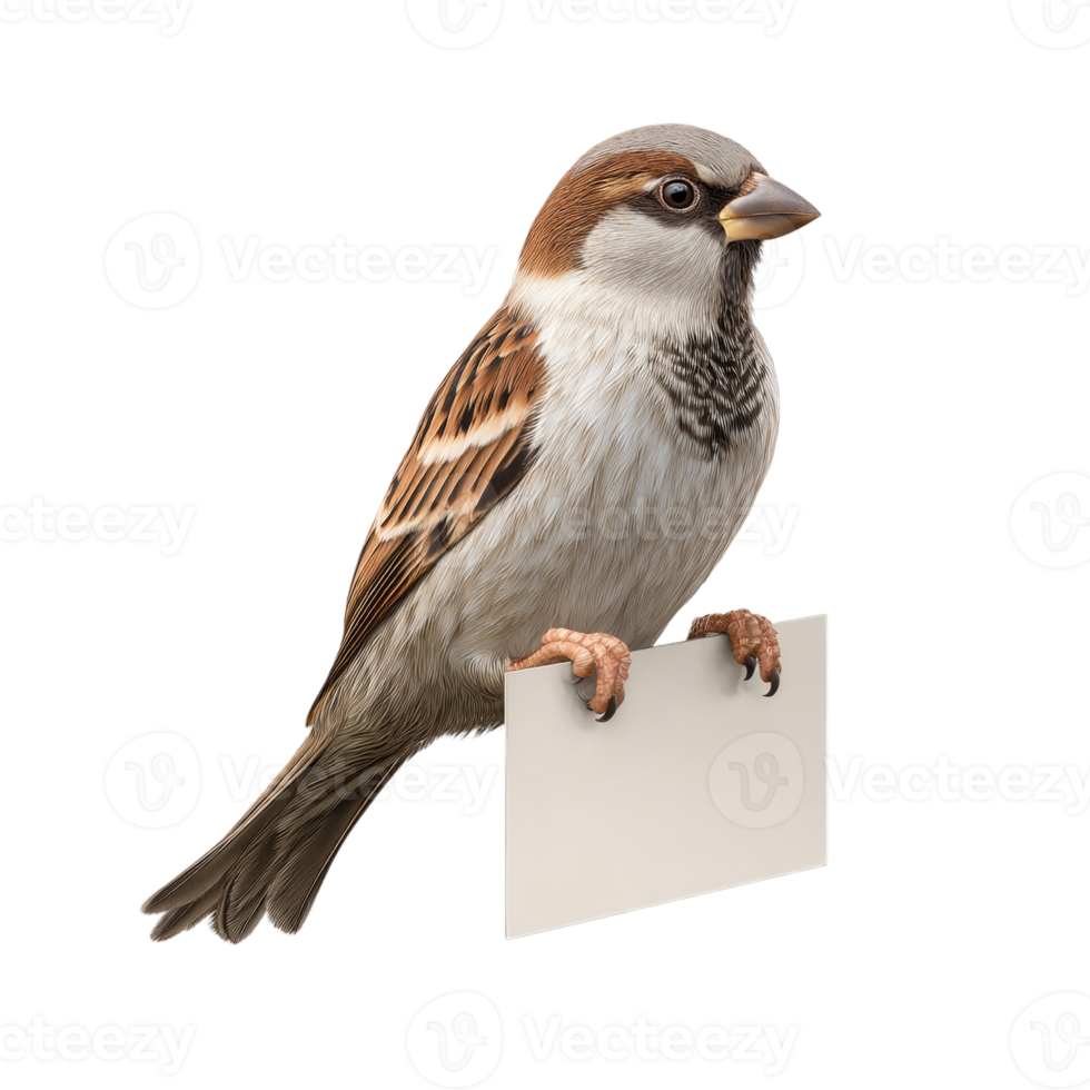 Charming sparrow holding a blank sign for creative customization and nature-themed designs png