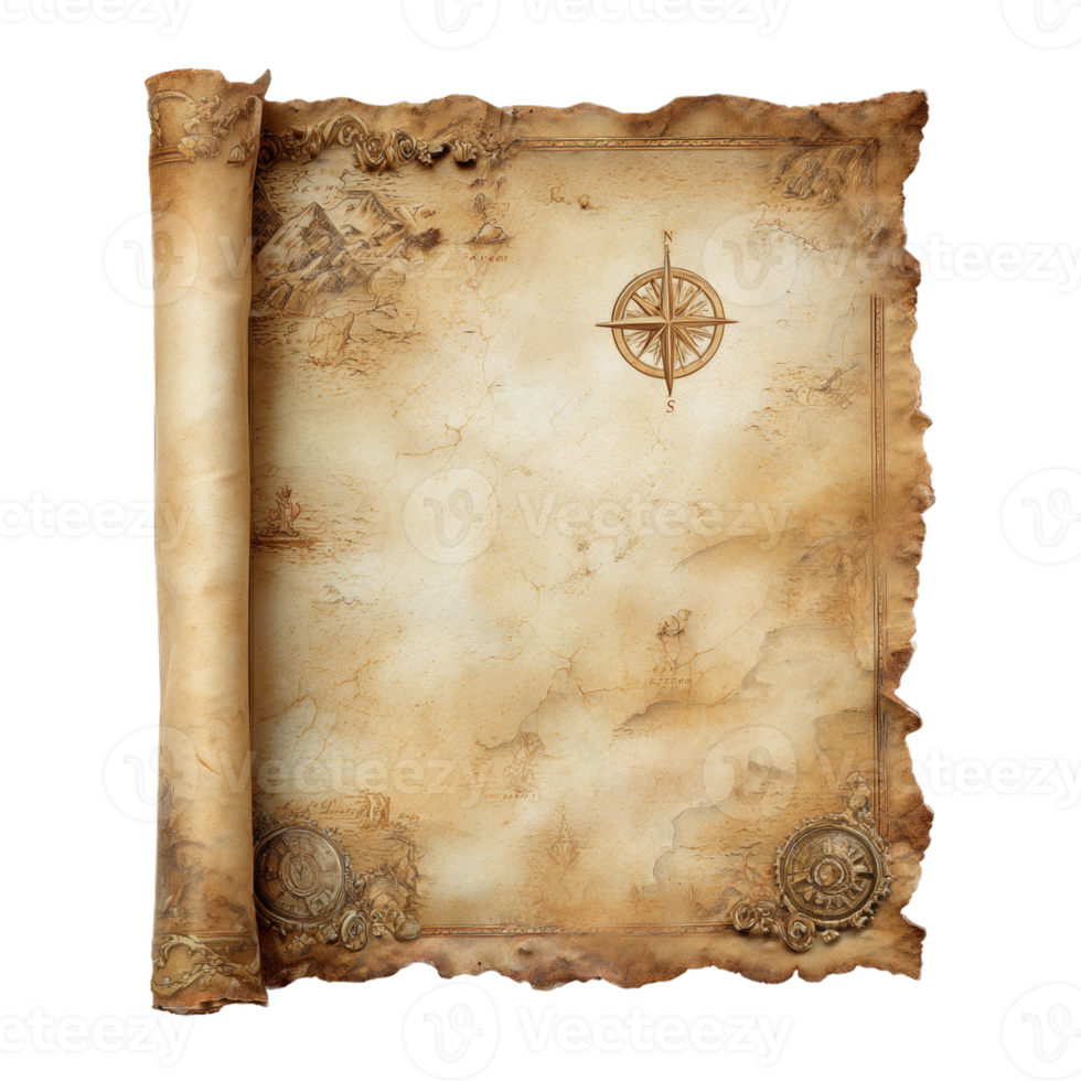 Antique treasure map on aged parchment featuring compass and oceanic details for adventure discoveries and exploration designs png