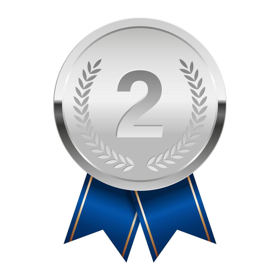 Silver award medal with blue ribbons for sport and games with number two vector