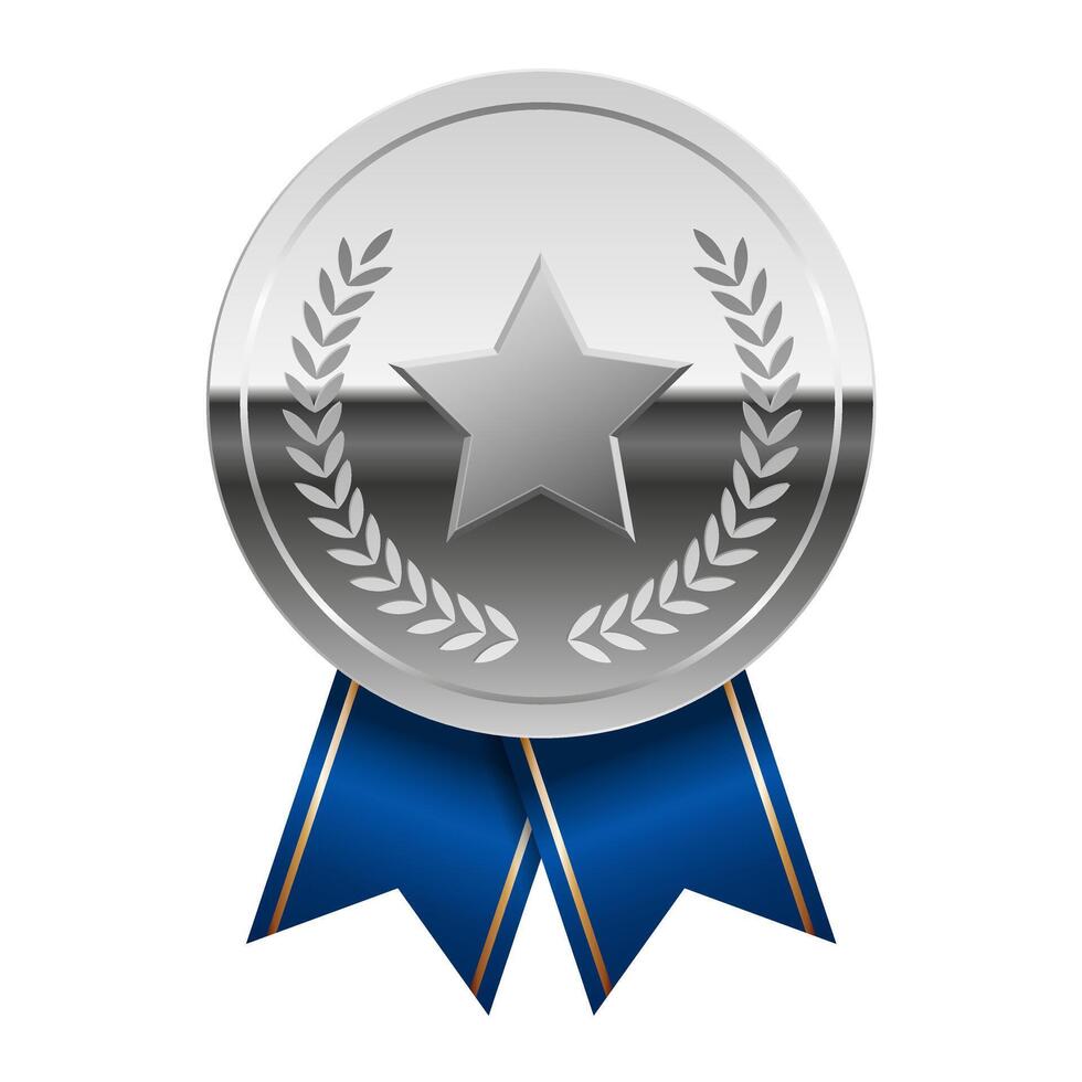 Silver glossy mirror medal with blue ribbons and star for sport vector