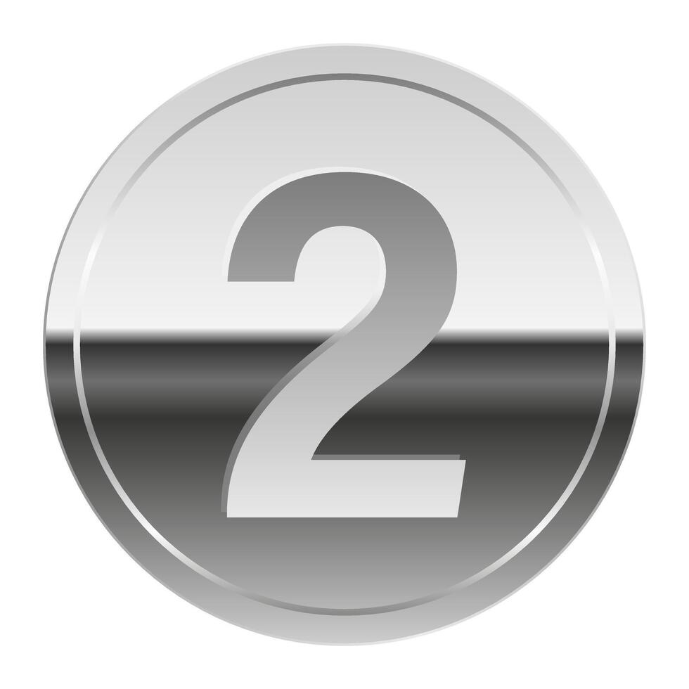 Silver glossy mirror medal for sport and games with number two vector