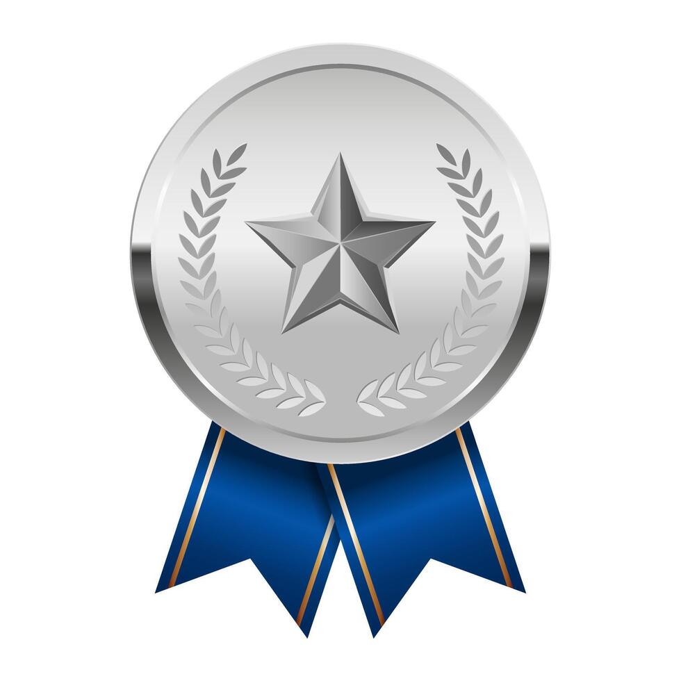Silver medal with blue ribbons and small star for sport and games vector