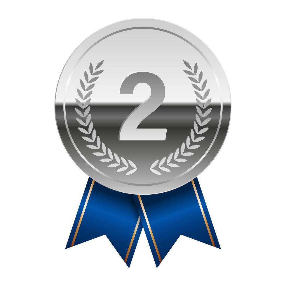 Silver glossy mirror medal with blue ribbons for sport and games with number two vector