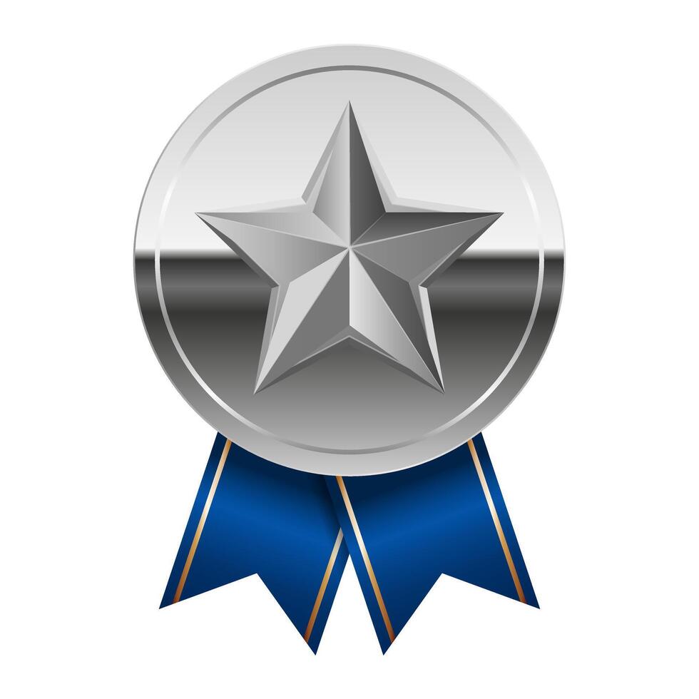 Silver glossy metal medal with blue ribbons and star vector
