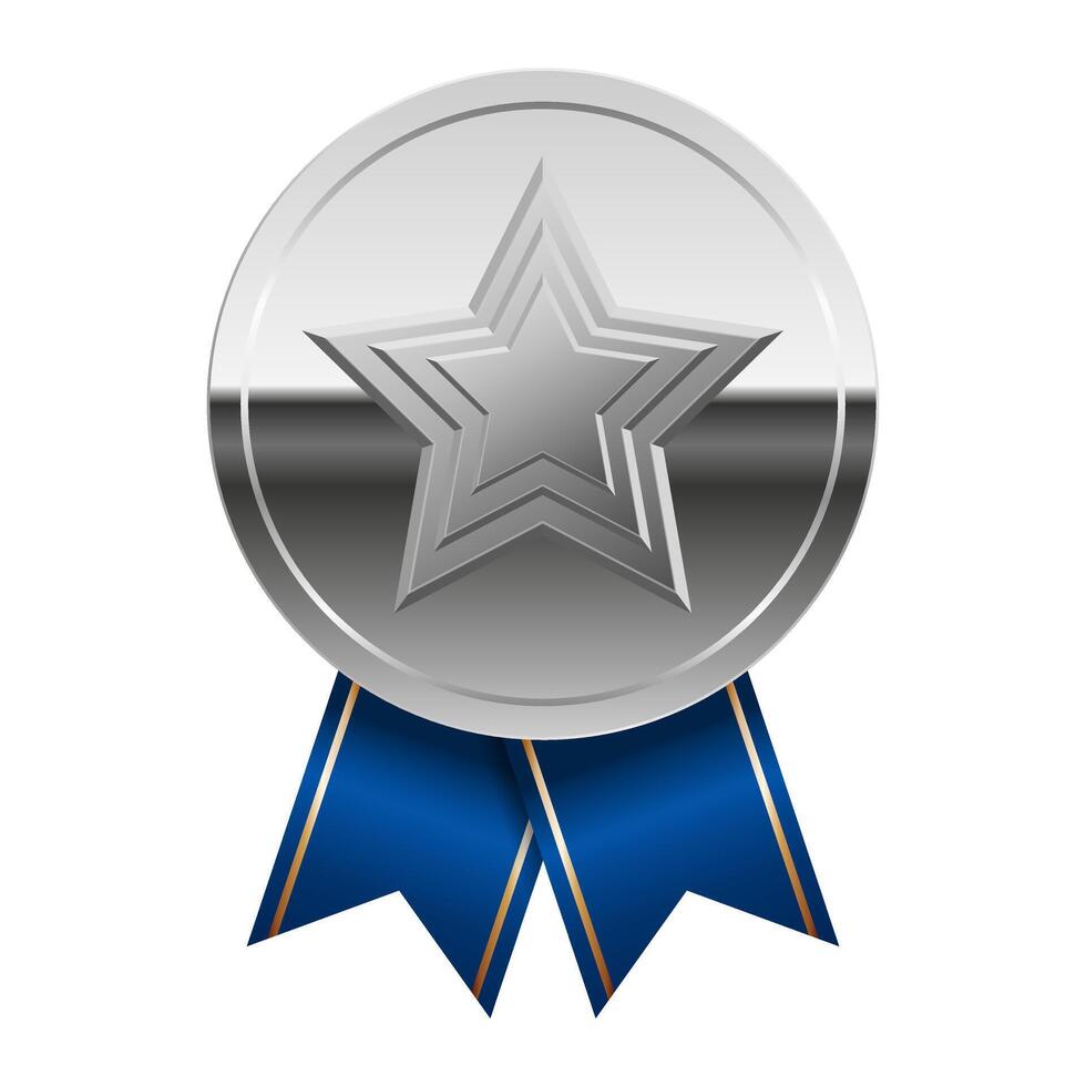 Silver glossy mirror metal medal with blue ribbons and star for sport and games vector