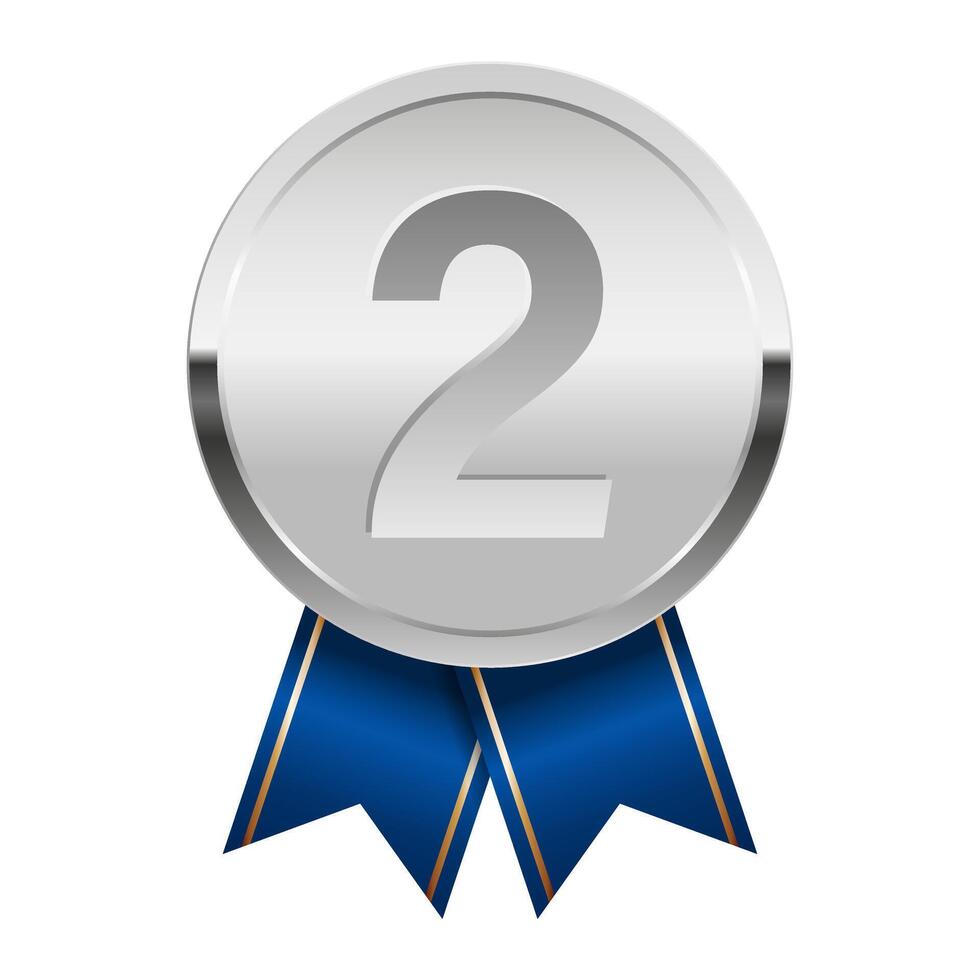 Silver award medal with blue ribbons for sport and games with big number two vector