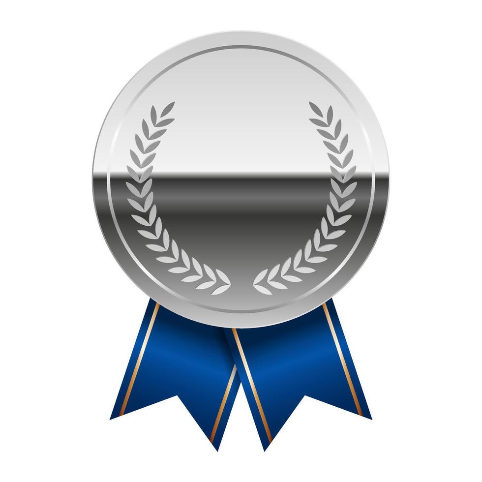 Silver glossy mirror medal with blue ribbons for games vector