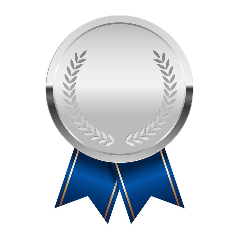 Silver medal with blue ribbons for sport and games vector