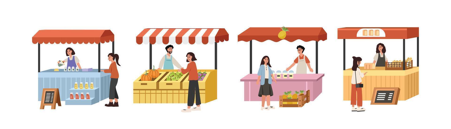 Set of stand food. Farmer market stall collection. Bread stall. Fruit stand. Juice drink stand. Stall set illustration. Bazaar. vector
