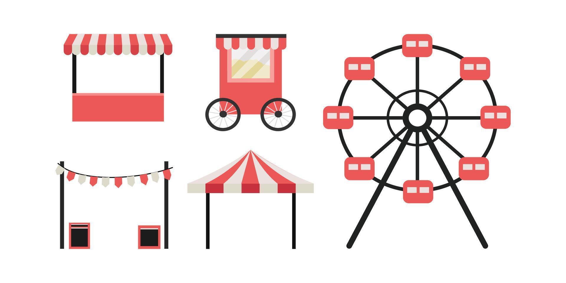 Carnival set clip art. Amusement set object. Food stand. Ferris wheel. vector