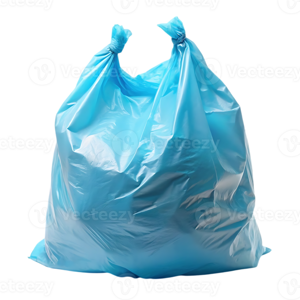 Blue plastic garbage bag is tied shut and isolated on white background ready for disposal after household cleanup png