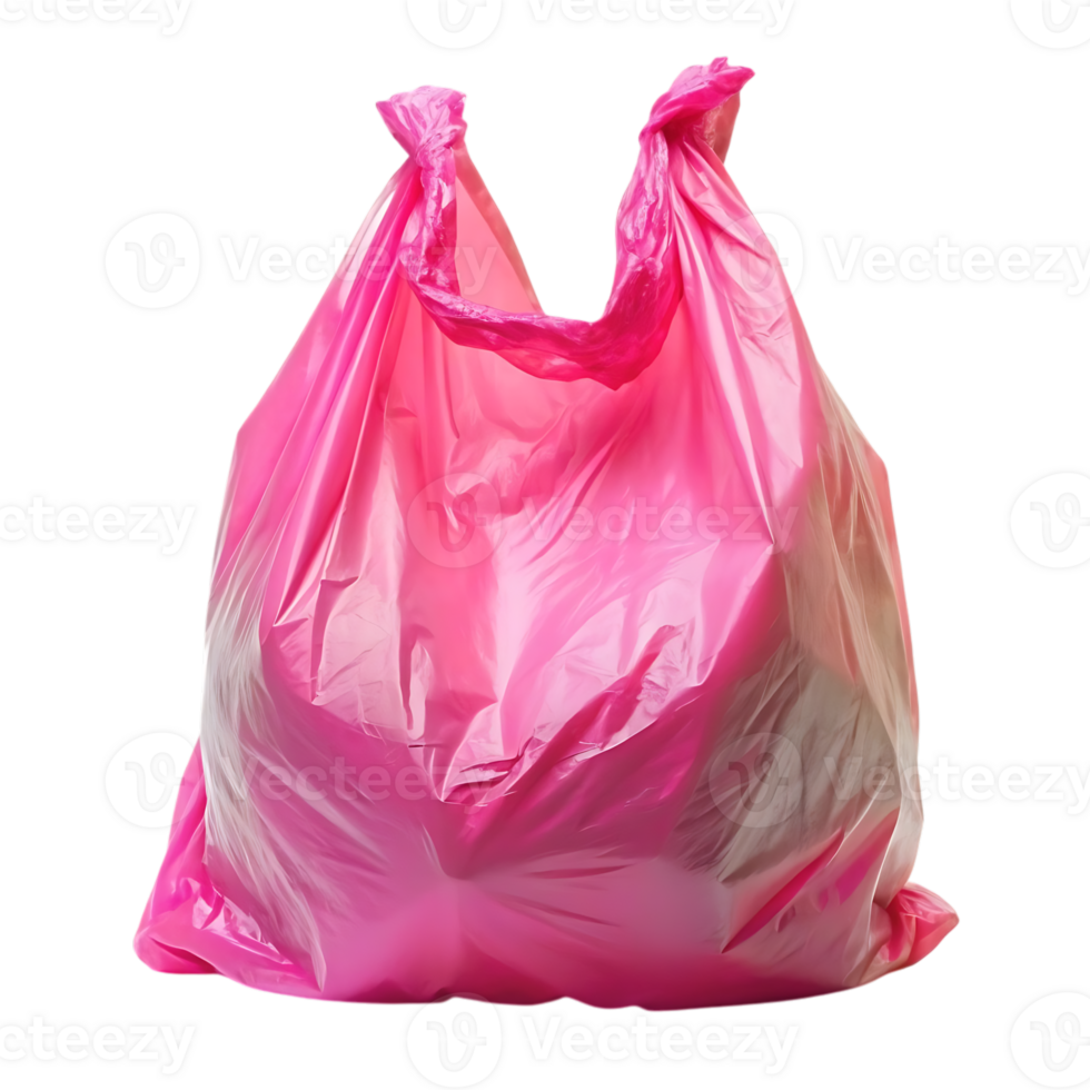 Pink plastic shopping bag isolated on white background is knotted at the top and ready to carry groceries or other items png