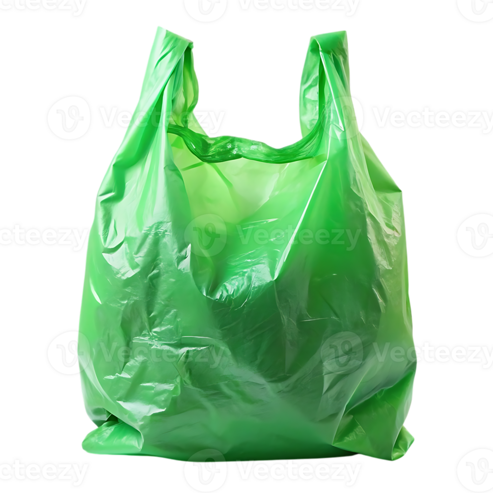 A green plastic shopping bag isolated on a transparent background is ready for carrying groceries png