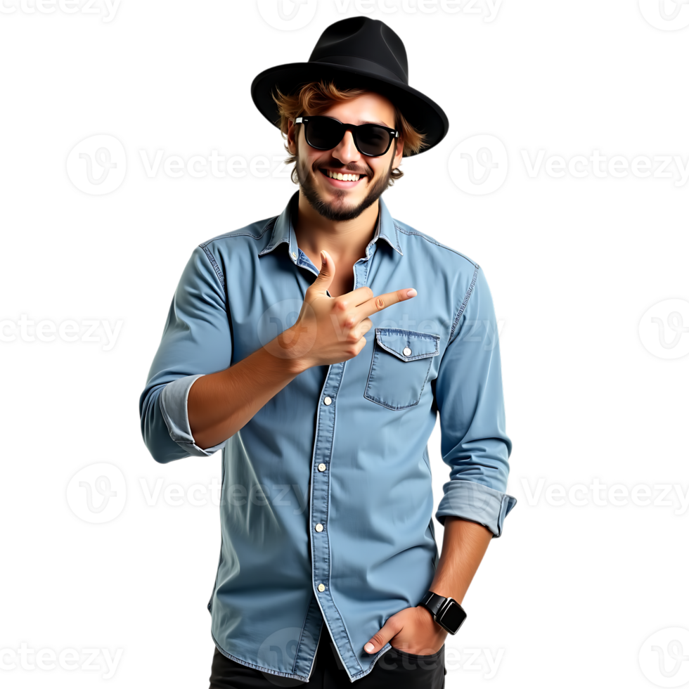 Smiling man in hat and sunglasses pointing to the side isolated on transparent background png