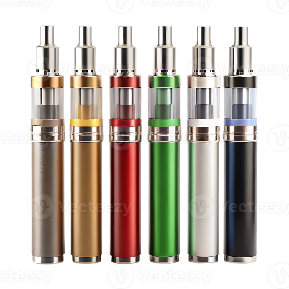 Collection of colorful vape pens isolated on transparent background offering a modern alternative to traditional smoking with sleek designs and vibrant colors png