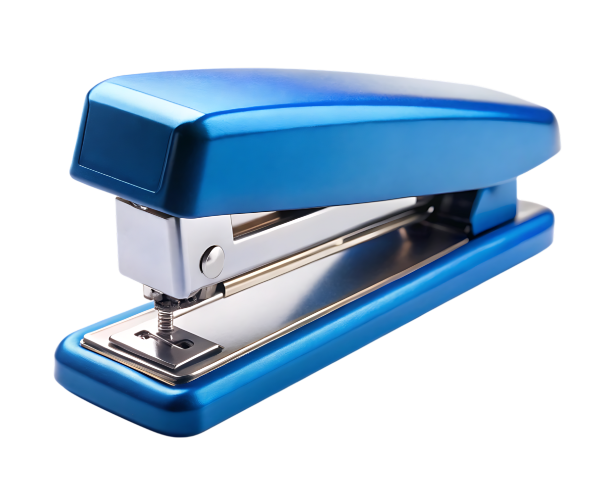 A shiny blue stapler isolated on transparent background is ready to bind documents together in the office or at home for all your fastening needs png