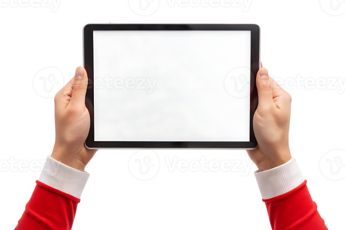 Hands in a santa suit are holding a tablet with a blank screen isolated on white providing a mockup for a digital presentation png