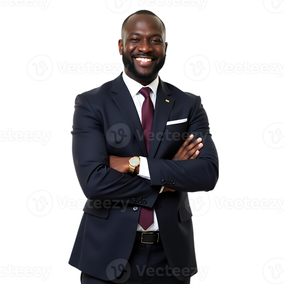 Smiling african american businessman in a suit with arms crossed isolated on transparent background png