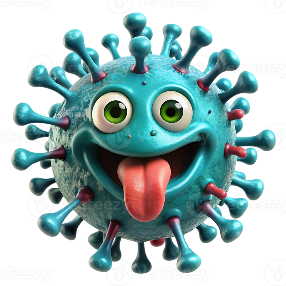 Cartoon coronavirus with a funny face sticking its tongue out isolated on transparent background in a 3d render for medical and scientific png