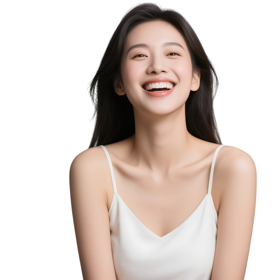 Beautiful asian woman with long black hair smiling and wearing a white top isolated on transparent background png