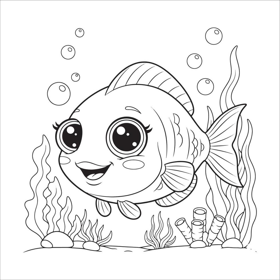Cute Baby Fish Coloring Page Underwater Ocean Scene for Kids vector