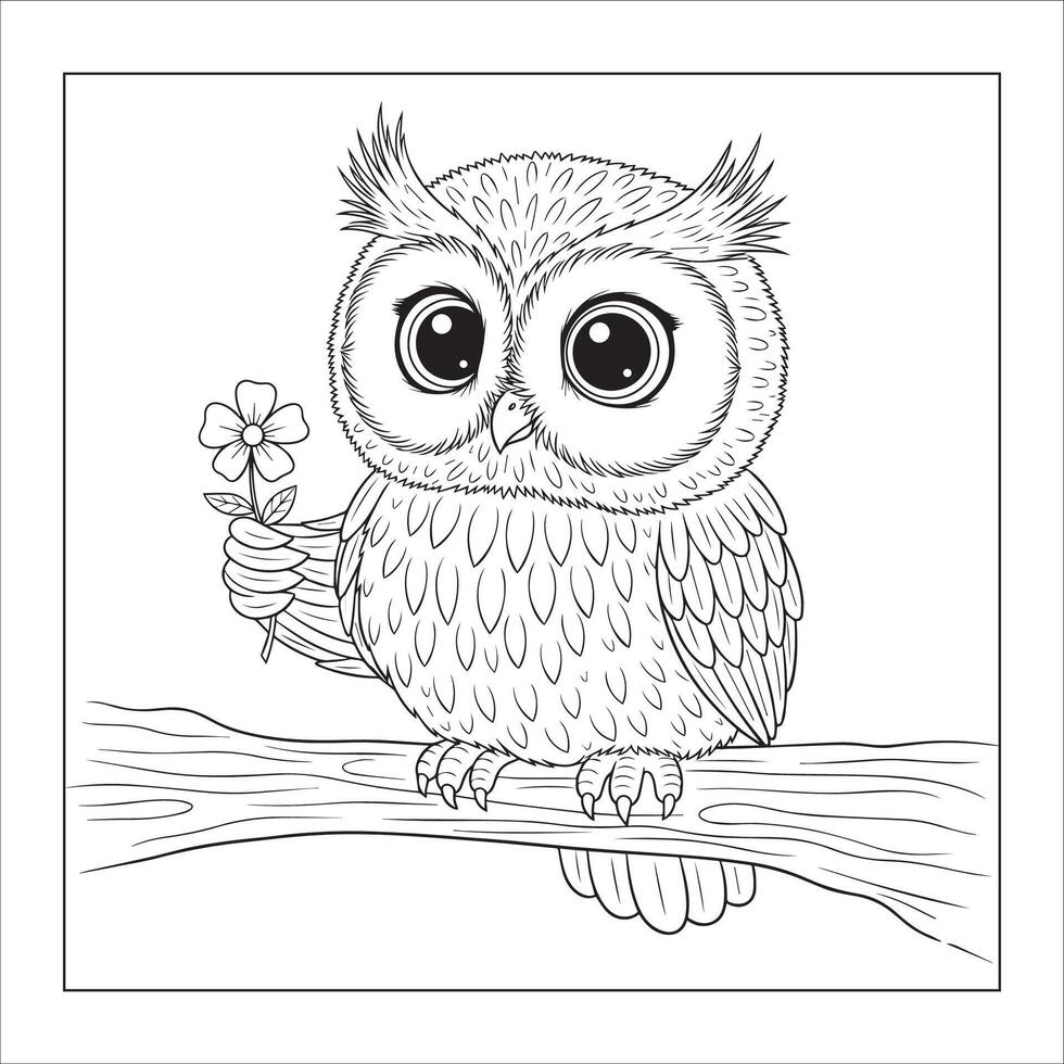 Cute Baby Owl with Flower Coloring Page for Children's Book vector