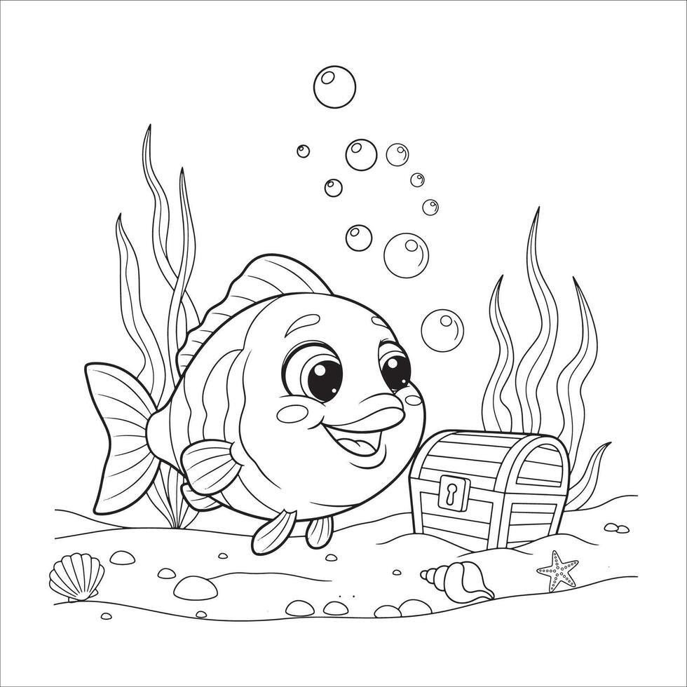Happy Cartoon Fish with Treasure Chest Illustration for Children Book vector