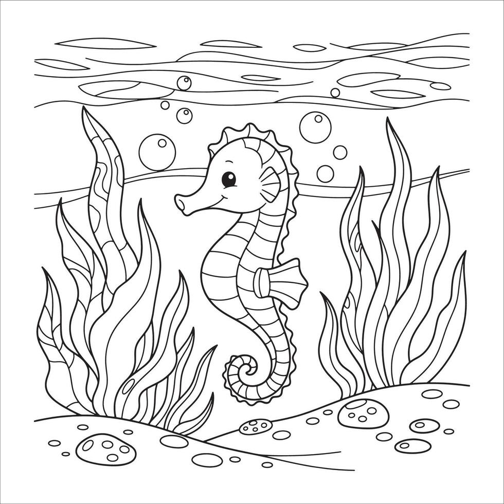 Cute Seahorse Coloring Page for Children Ocean Activity Book Design vector