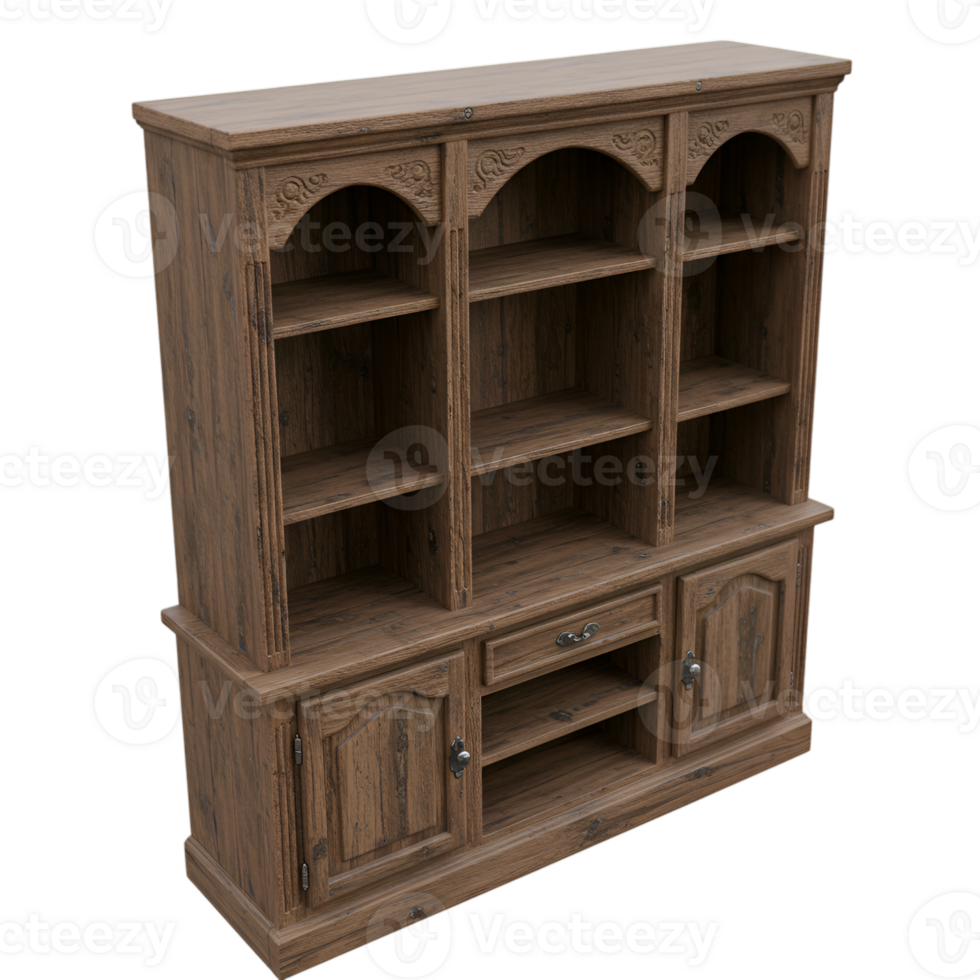 Elegant Antique Wooden Display Cabinet with Intricate Carvings on Transparent background png