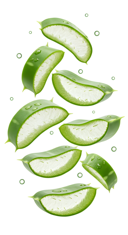 Fresh Aloe Vera Slices Floating Elegantly on a Transparent Backdrop png