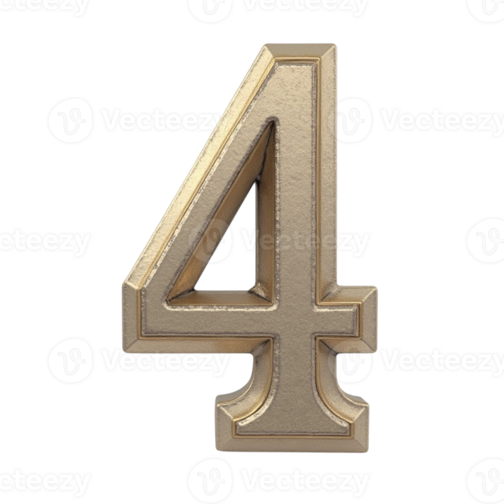 3D Golden Textured Ornate Number Four Isolated Object on Transparent Background Asset png