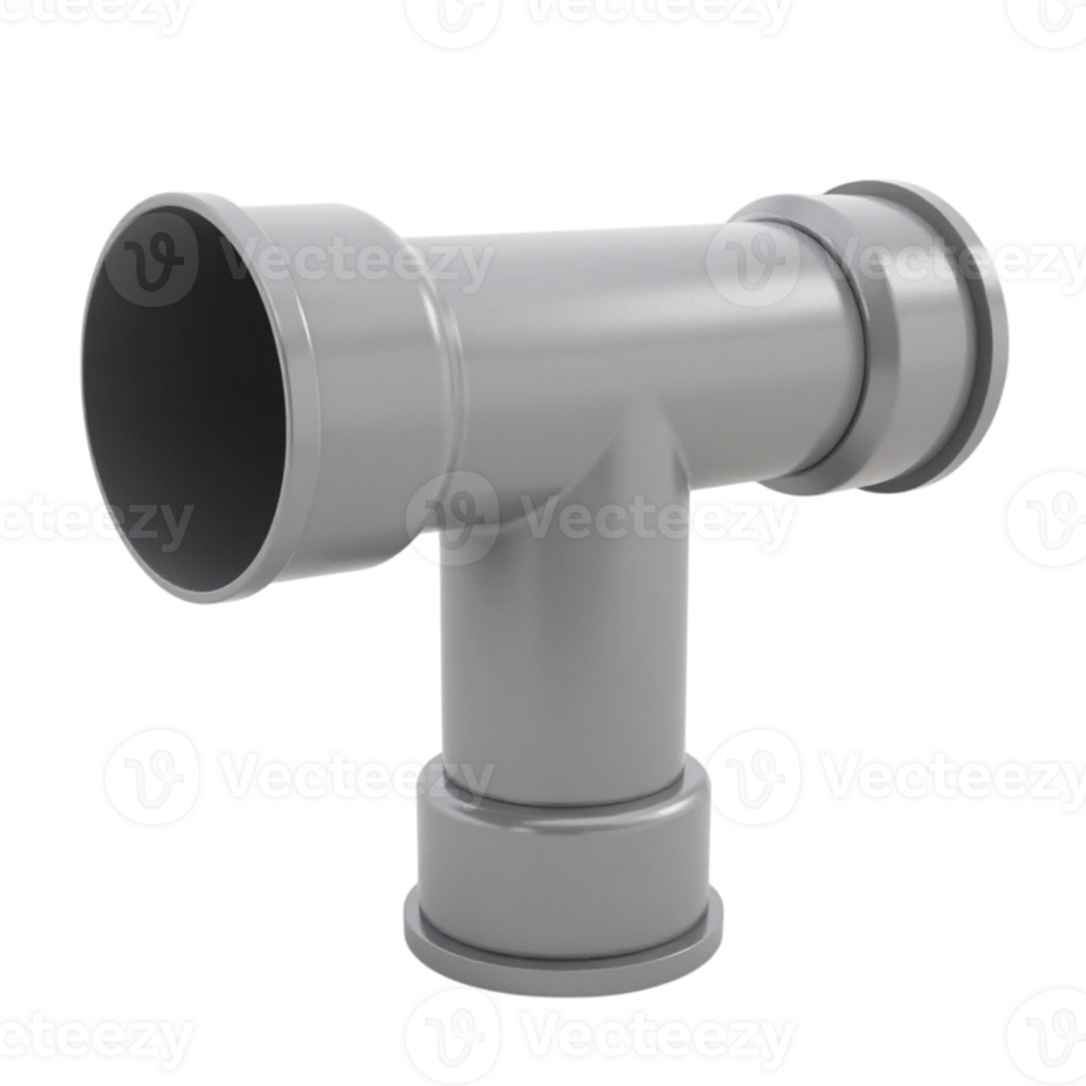 3D render of a gray T-shaped pipe fitting component with transparent background png