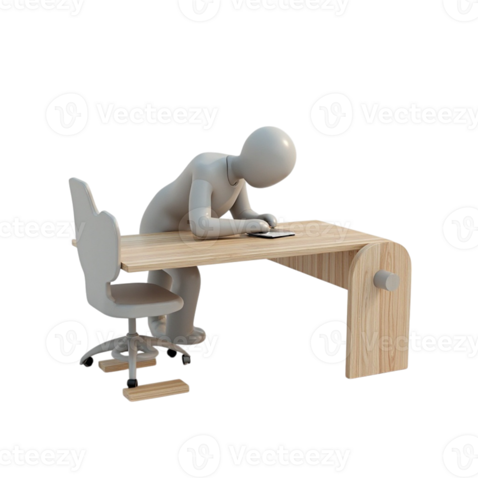 3D Render of Human Figure Working at Desk Focused on Device Transparent Background png