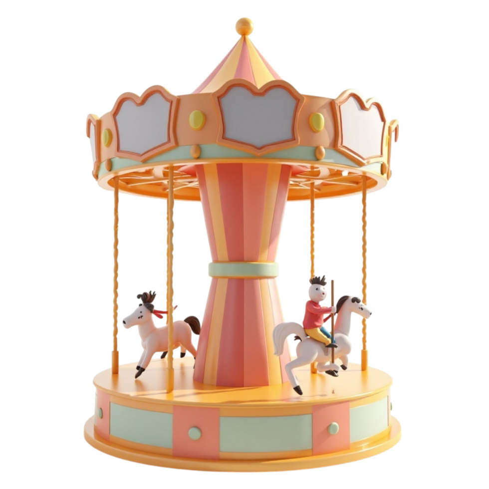 3D Rendered Cartoon Style Merry-Go-Round Carousel with Toy Horses on Transparent Background png