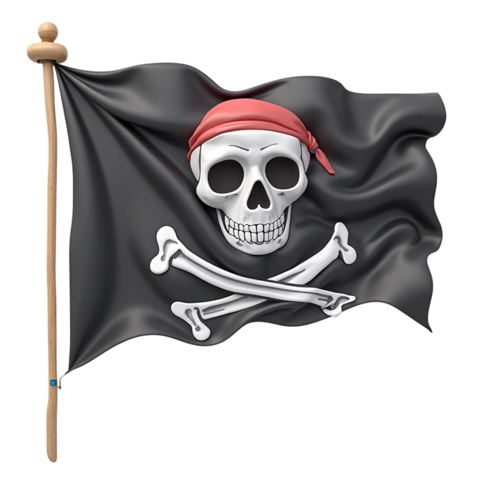 3D Rendered Jolly Roger Pirate Flag with Skull and Crossbones on Transparent Background png