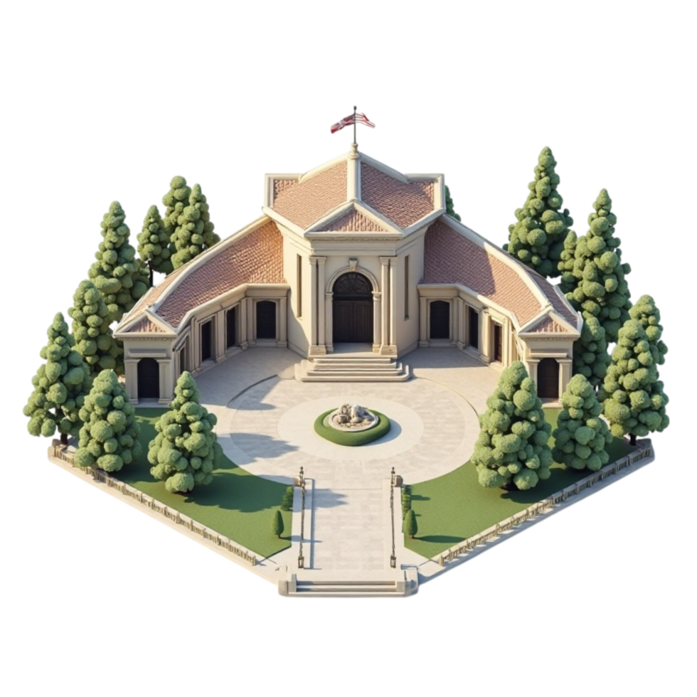 3D Rendered Isometric View of a Grand Building with Trees and Fountain on Transparent Background png